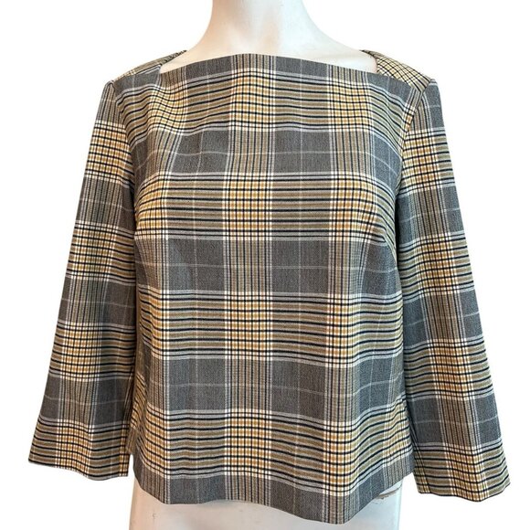 Rachel Zoe Size 8 Yellow Black Plaid Long Sleeve Blouse Zipper Square Neck - Picture 1 of 7